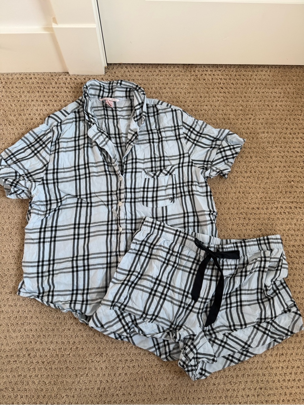 Victoria's Secret Light Blue and Black Plaid Short Pajama Set